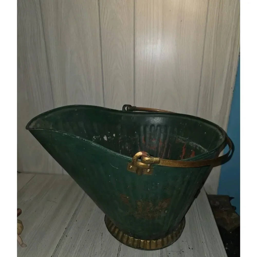 Antique Galvanized Rustic Coal Ash Bucket Fireplace Scuttle Primitive Farmhouse